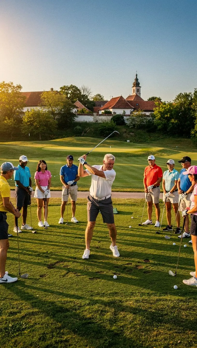 Golfjátékos, aki a rövid játék technikáját gyakorolja a pályán.