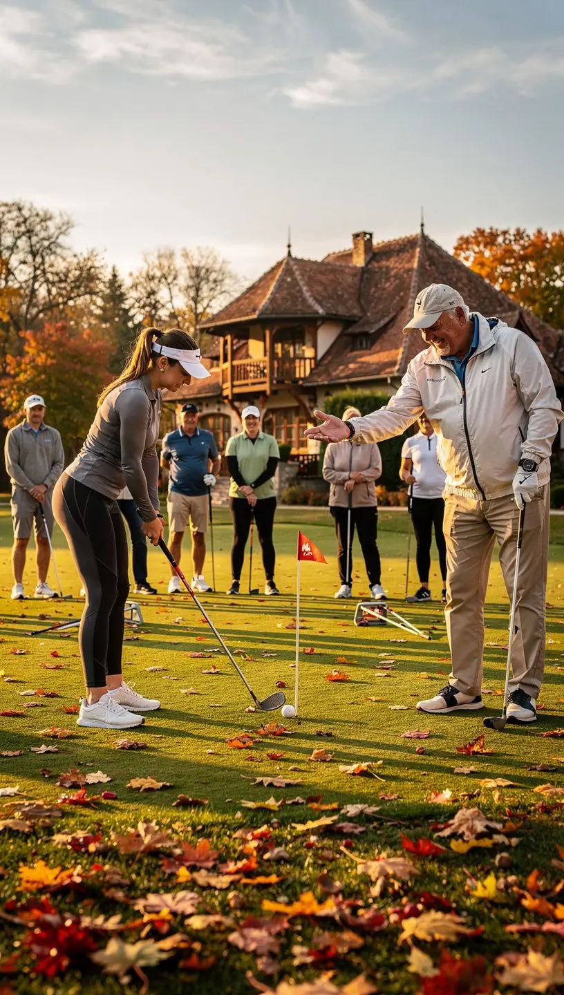 Golf oktató, aki a helyes lendület technikáját magyarázza.