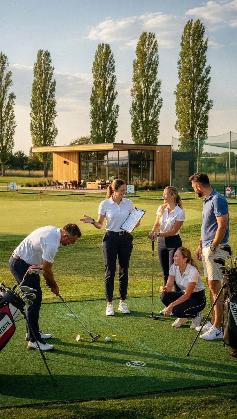 Golf ütő és labda a gyönyörű zöld golfpályán.